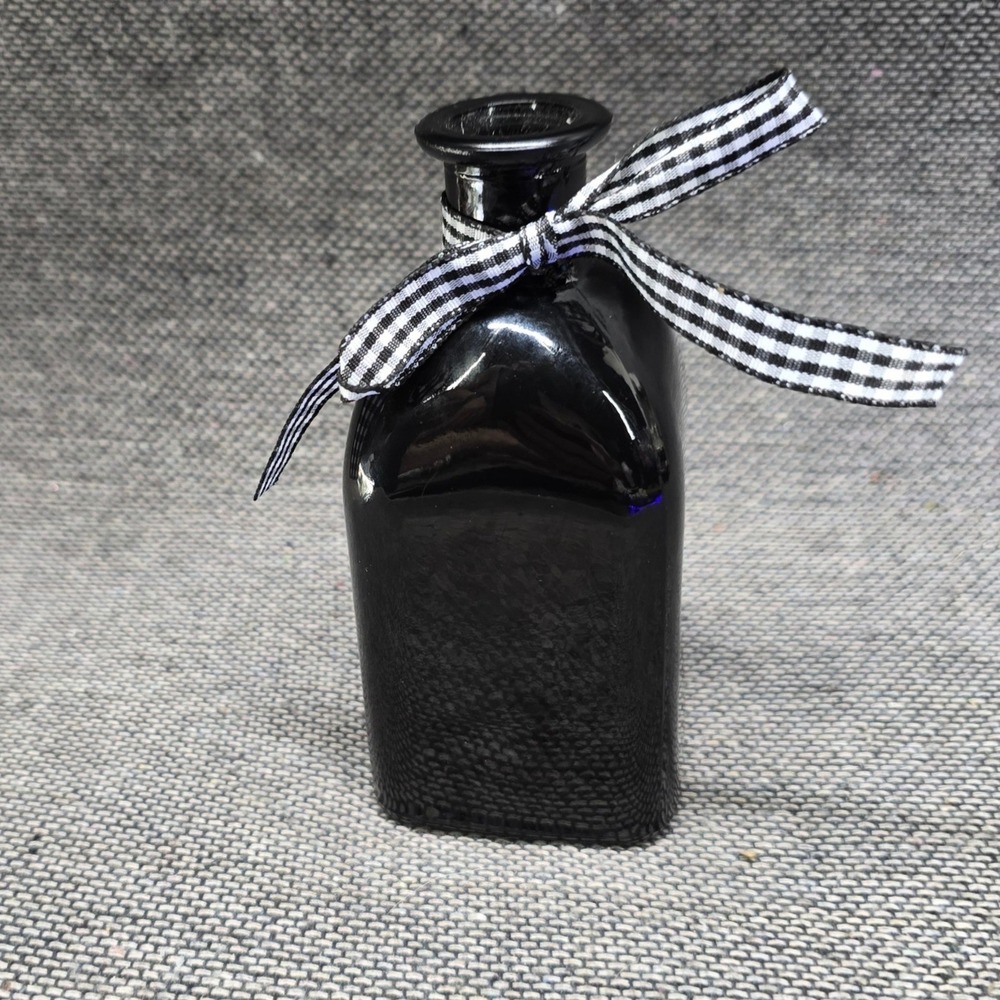 Black Glass Decorative Bottle Gingham Ribbon Vase 5.5in Black Excellent